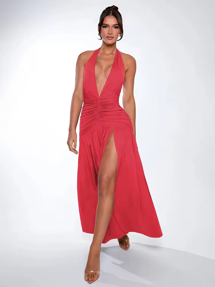 שמלת מקסי כיווצים מחשוף וי עמוק שסע עמוק קשירה בצוואר - דר