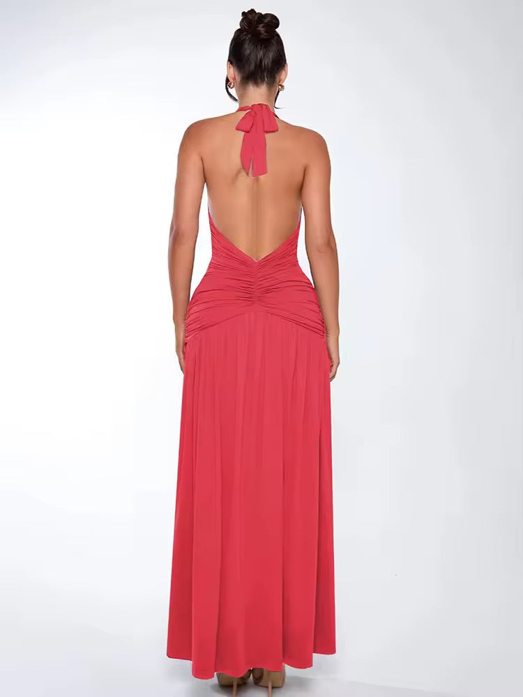 שמלת מקסי כיווצים מחשוף וי עמוק שסע עמוק קשירה בצוואר - דר