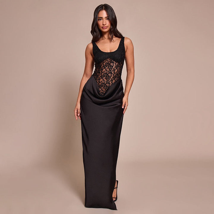 Maxi Satin Dress with Lace Design and Slit - SHERON