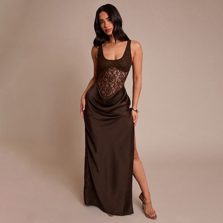 Maxi Satin Dress with Lace Design and Slit - SHERON