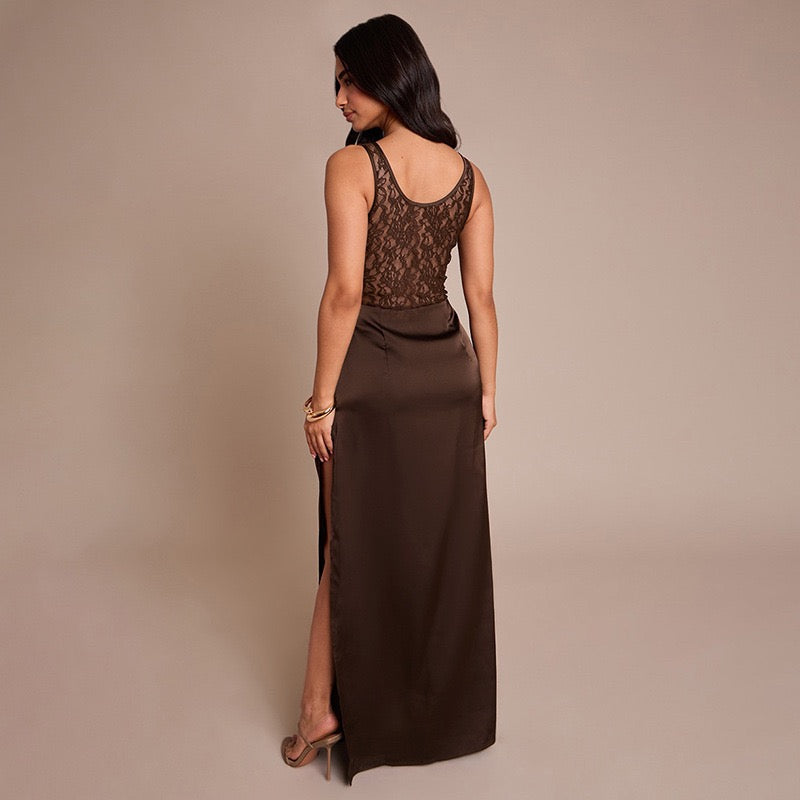 Maxi Satin Dress with Lace Design and Slit - SHERON