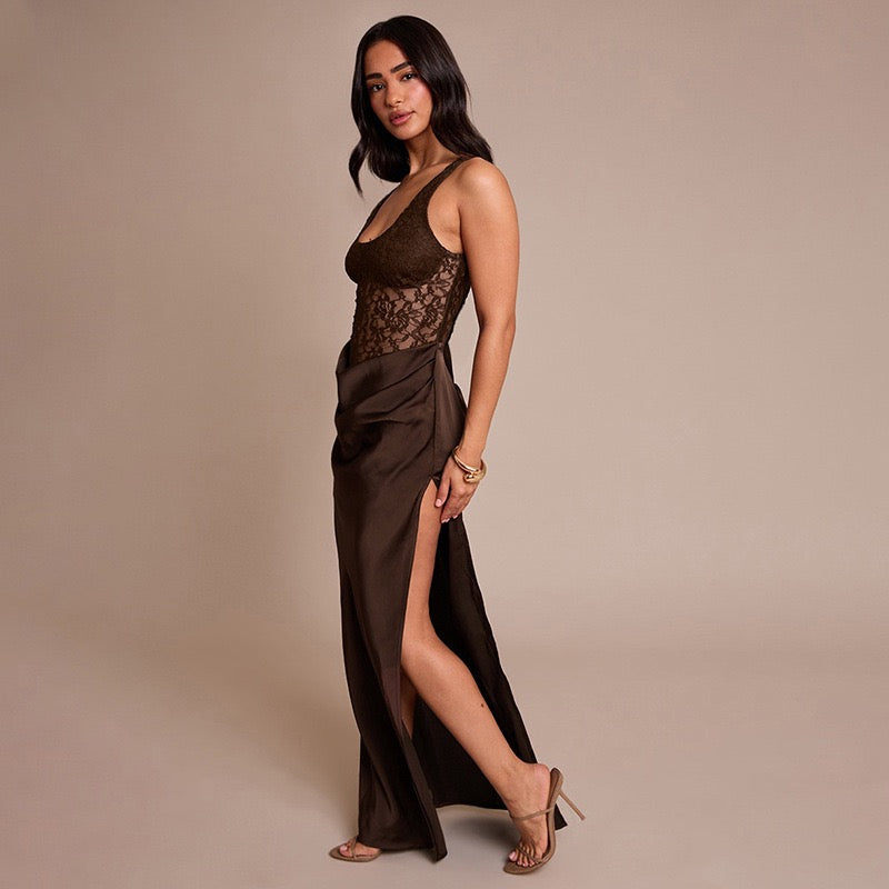 Maxi Satin Dress with Lace Design and Slit - SHERON