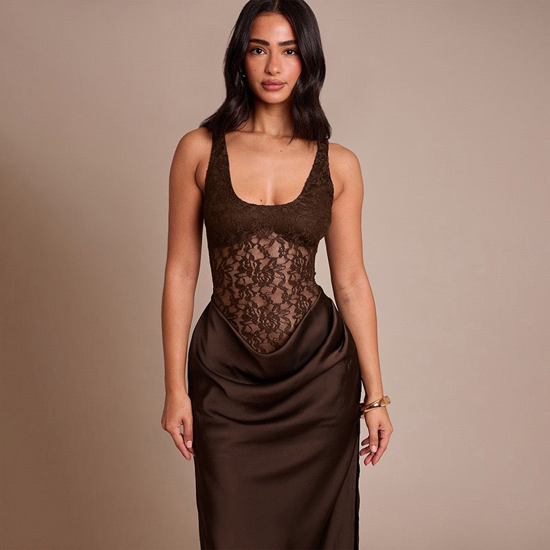 Maxi Satin Dress with Lace Design and Slit - SHERON