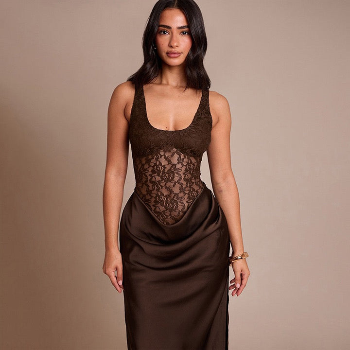 Maxi Satin Dress with Lace Design and Slit - SHERON