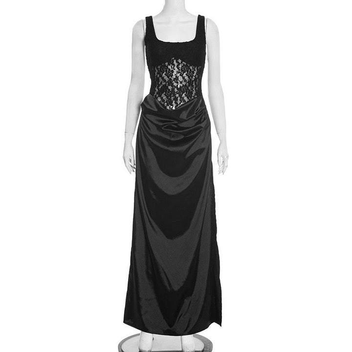 Maxi Satin Dress with Lace Design and Slit - SHERON