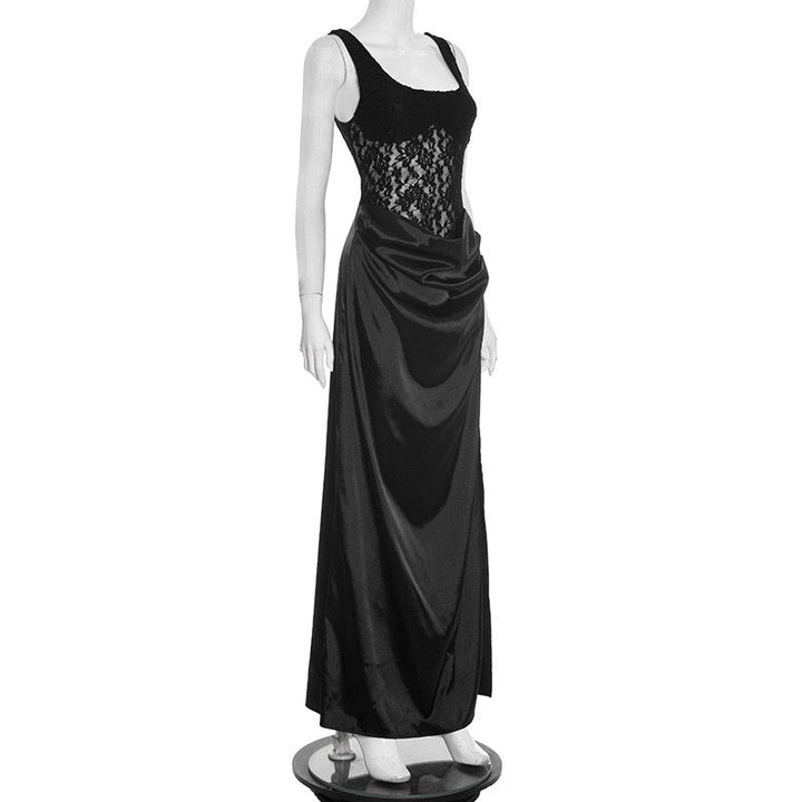 Maxi Satin Dress with Lace Design and Slit - SHERON
