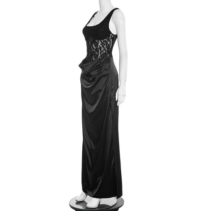 Maxi Satin Dress with Lace Design and Slit - SHERON