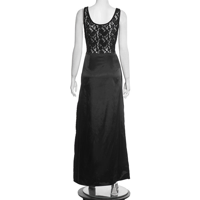 Maxi Satin Dress with Lace Design and Slit - SHERON