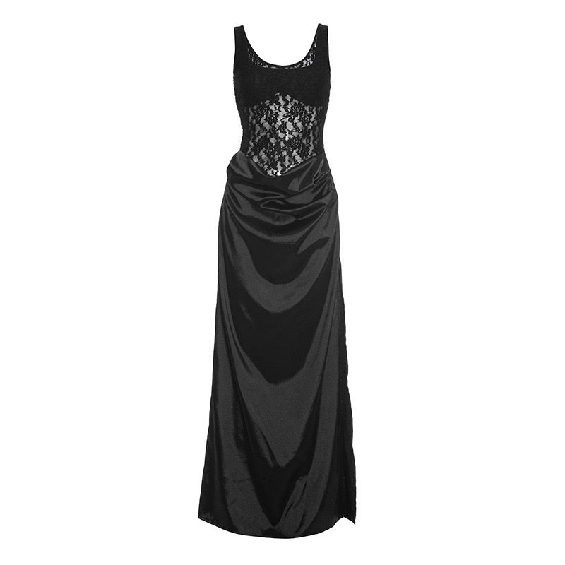 Maxi Satin Dress with Lace Design and Slit - SHERON