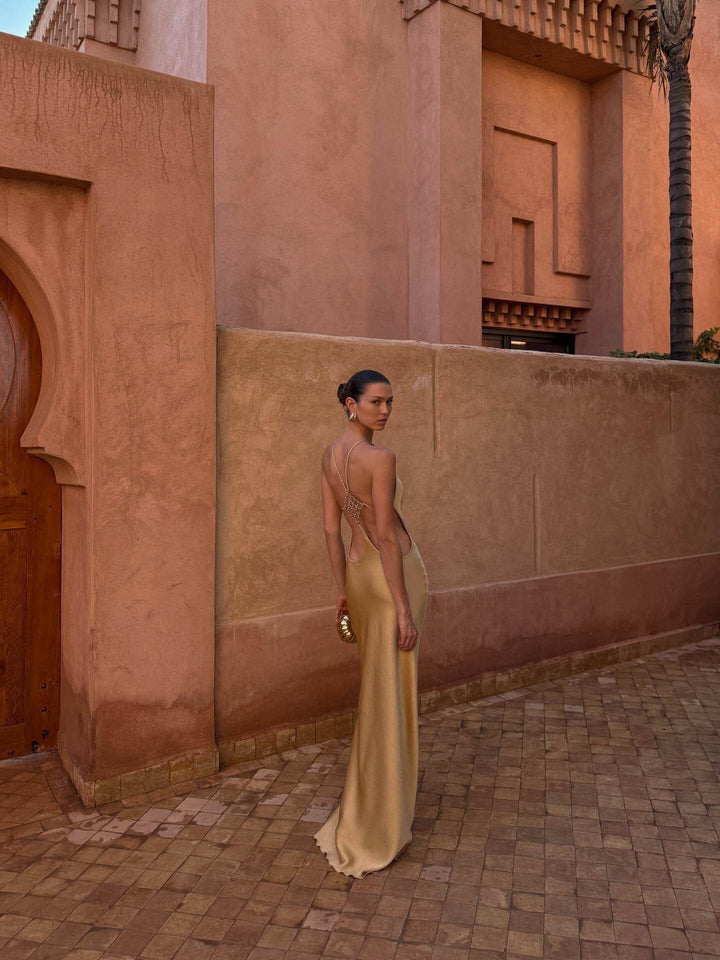 Roxania elegant satin maxi dress with a diamond buckle detail on the back