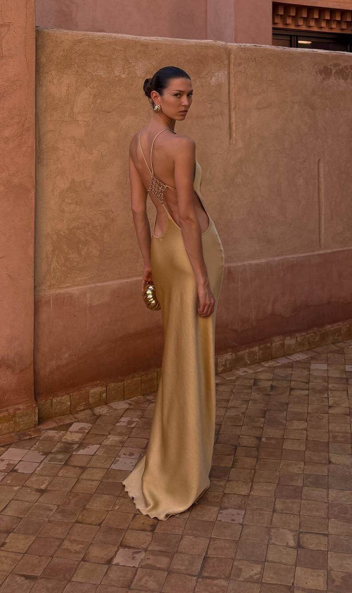 Roxania elegant satin maxi dress with a diamond buckle detail on the back