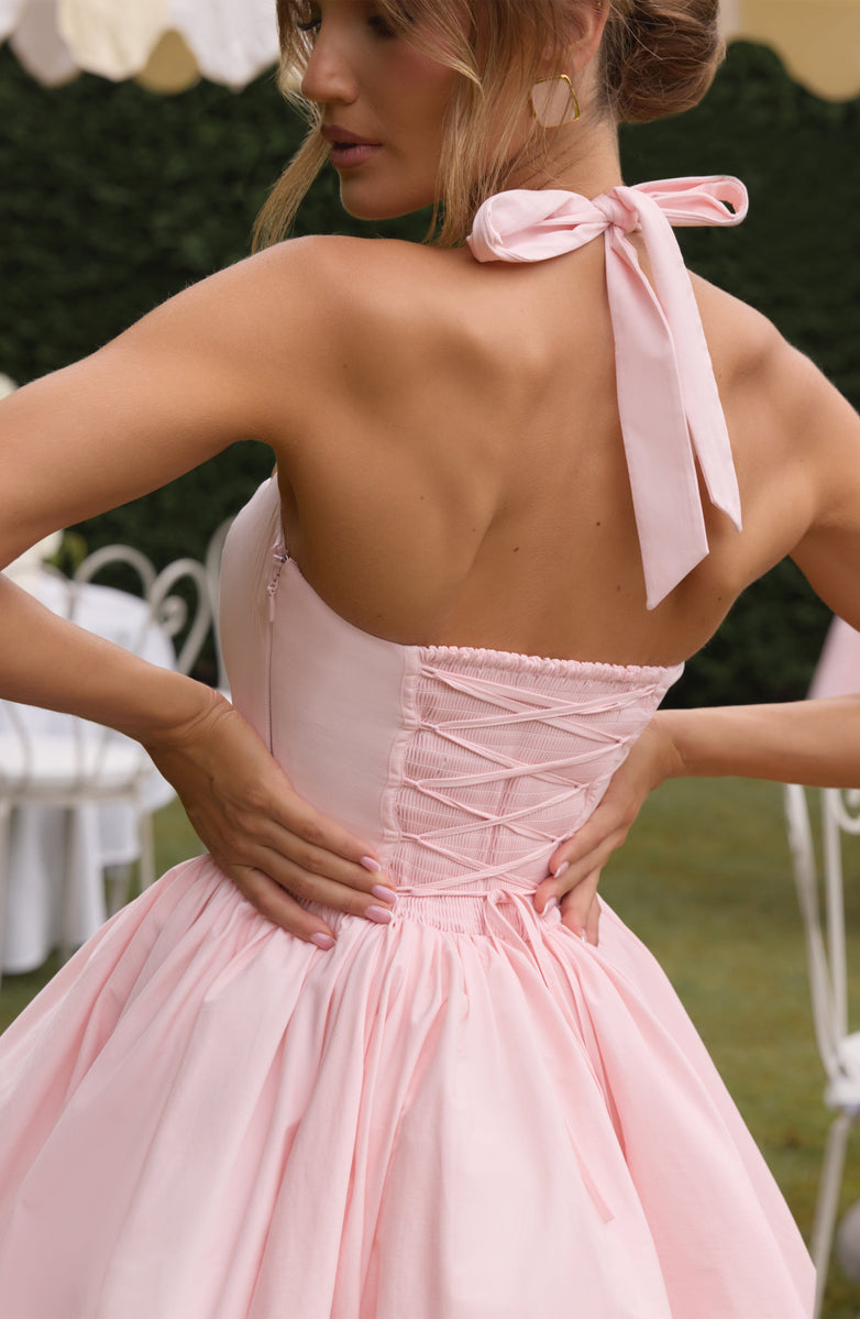 שמלת מיני בלון בגזרת קשירה בצוואר חצאית סאטן - Mikaela