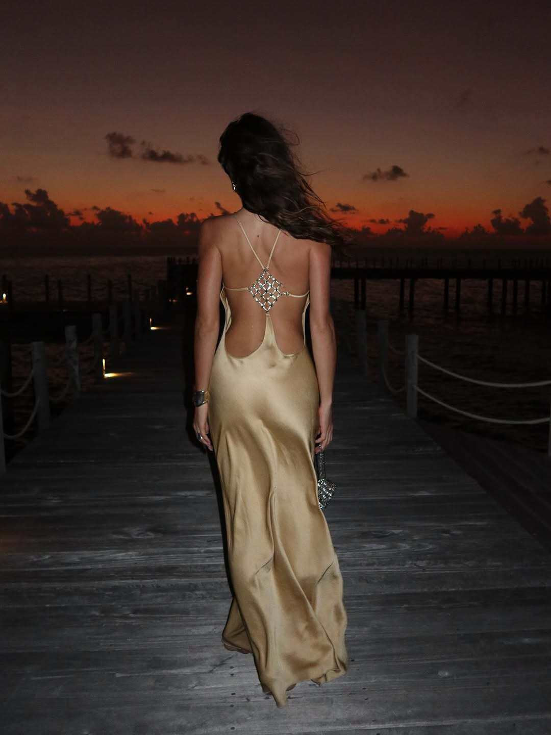 Roxania elegant satin maxi dress with a diamond buckle detail on the back