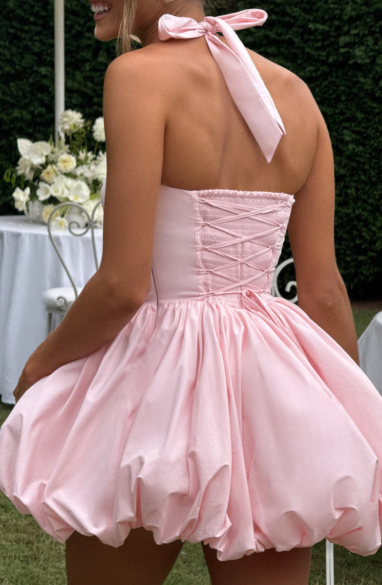 שמלת מיני בלון בגזרת קשירה בצוואר חצאית סאטן - Mikaela