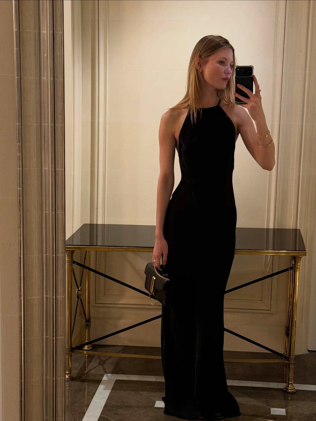 Roxania elegant satin maxi dress with a diamond buckle detail on the back