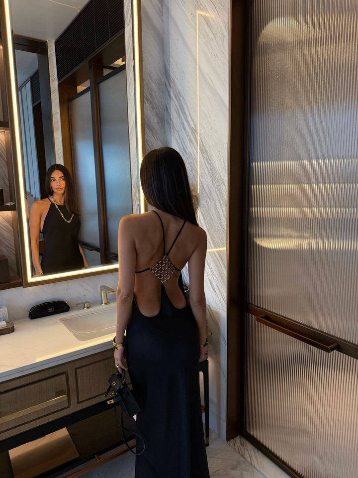 Roxania elegant satin maxi dress with a diamond buckle detail on the back