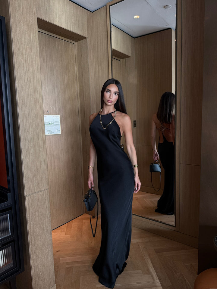 Roxania elegant satin maxi dress with a diamond buckle detail on the back