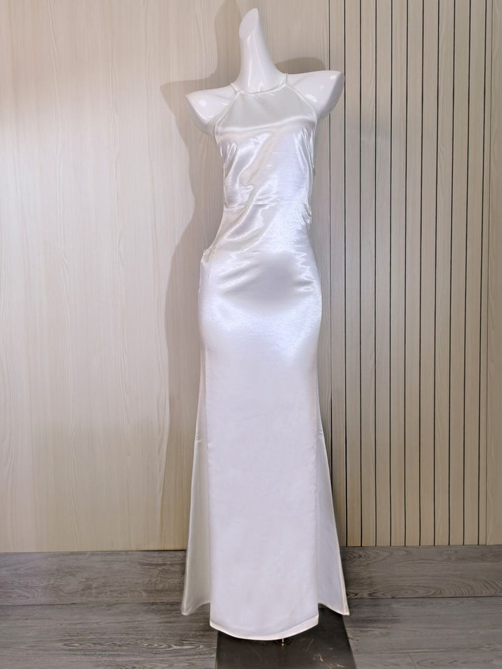 Roxania elegant satin maxi dress with a diamond buckle detail on the back