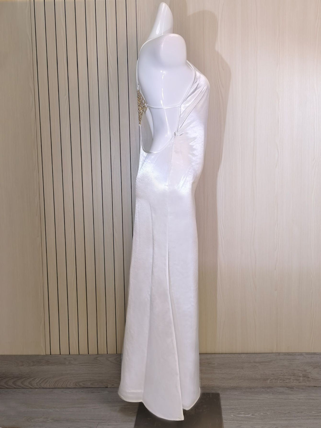 Roxania elegant satin maxi dress with a diamond buckle detail on the back