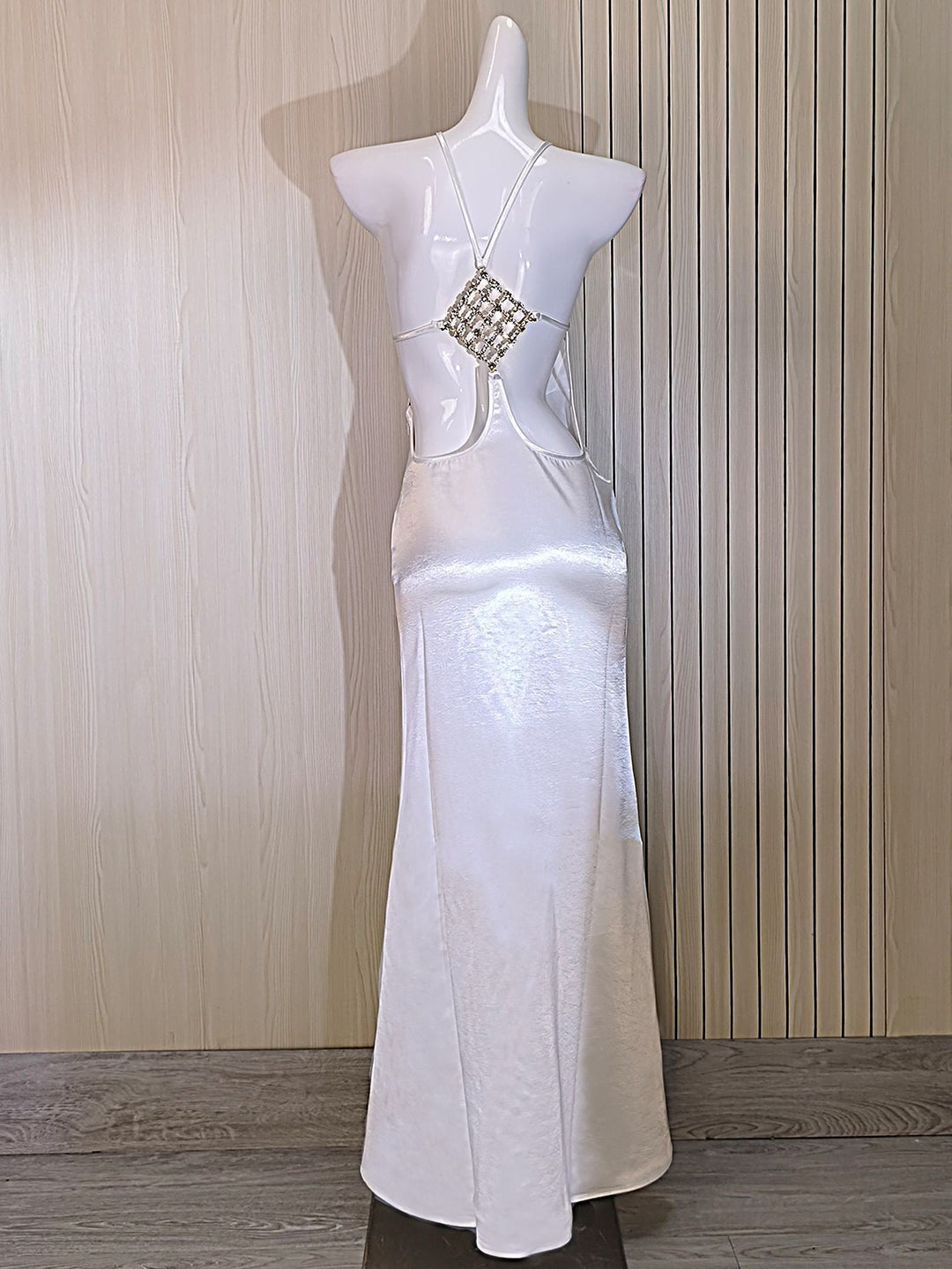 Roxania elegant satin maxi dress with a diamond buckle detail on the back