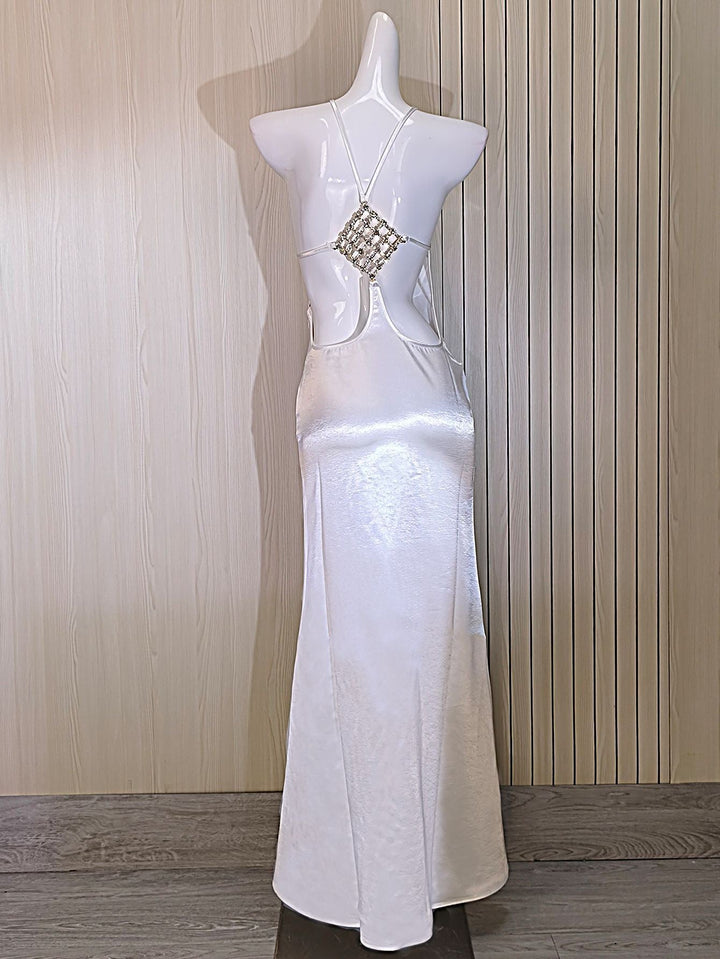 Roxania elegant satin maxi dress with a diamond buckle detail on the back