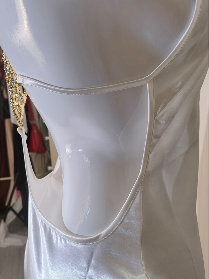 Roxania elegant satin maxi dress with a diamond buckle detail on the back