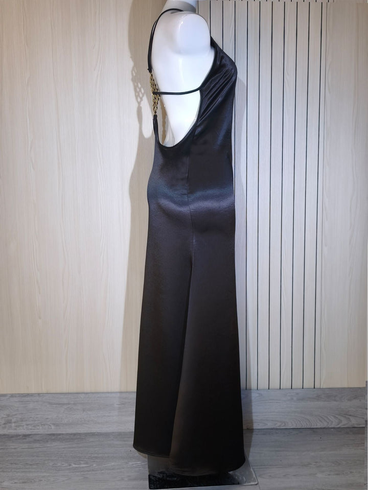 Roxania elegant satin maxi dress with a diamond buckle detail on the back