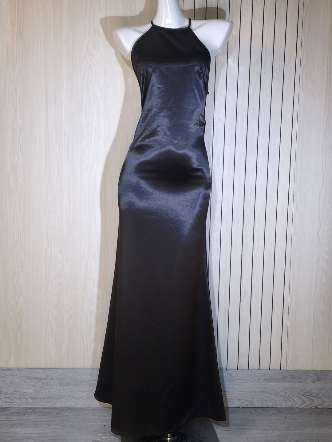 Roxania elegant satin maxi dress with a diamond buckle detail on the back