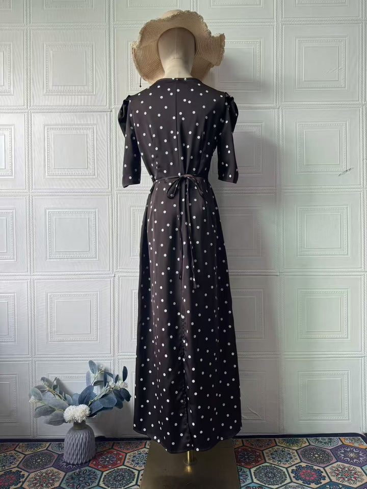 Satin maxi dress with polka dots/solid and lace design - ZIVA