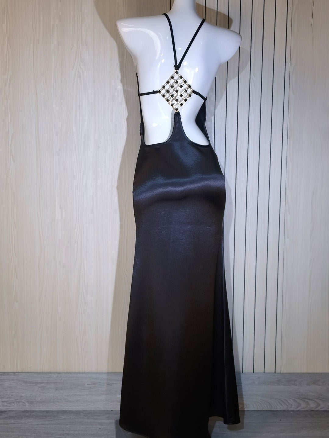 Roxania elegant satin maxi dress with a diamond buckle detail on the back