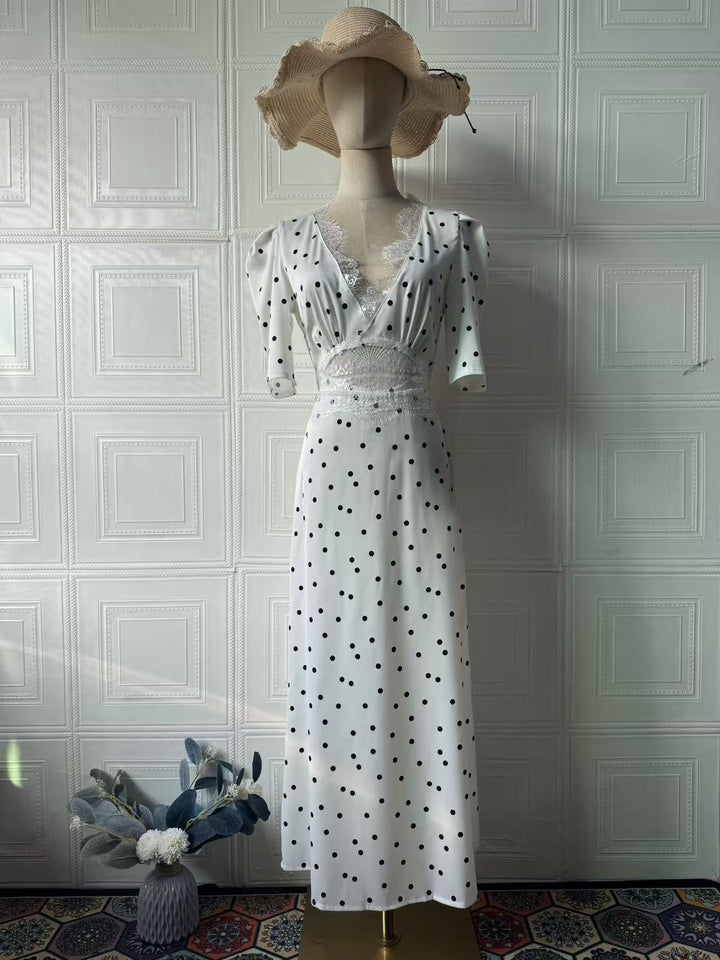 Satin maxi dress with polka dots/solid and lace design - ZIVA
