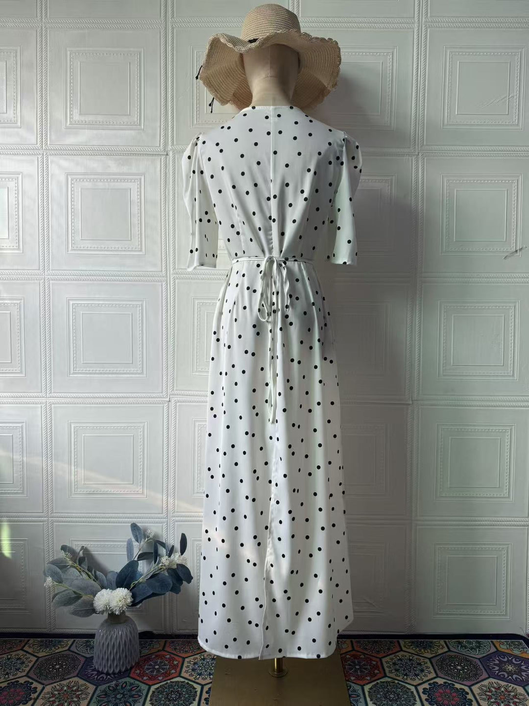 Satin maxi dress with polka dots/solid and lace design - ZIVA