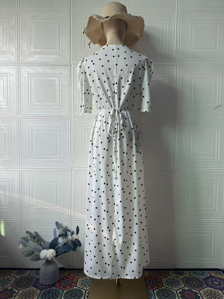 Satin maxi dress with polka dots/solid and lace design - ZIVA