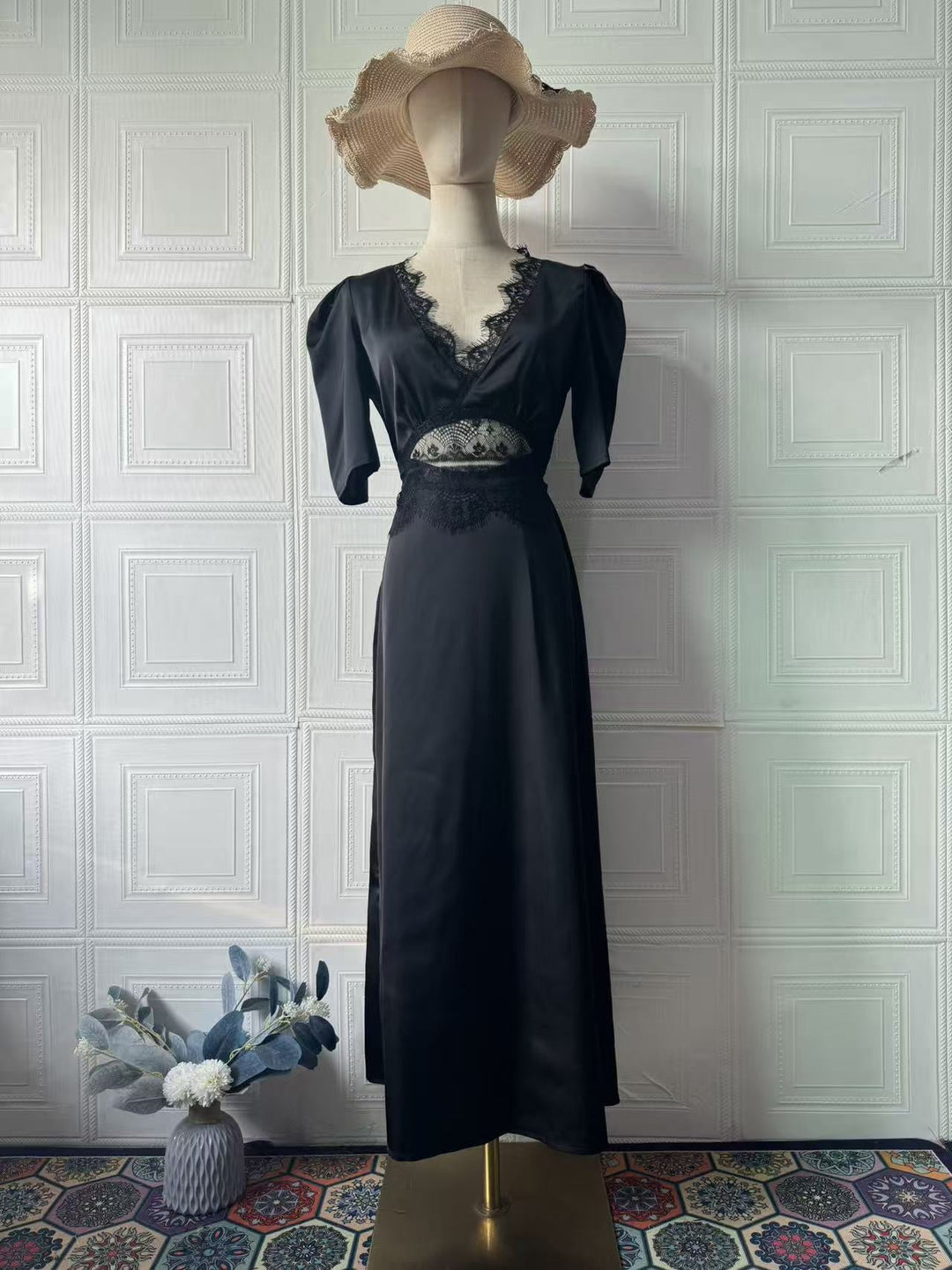 Satin maxi dress with polka dots/solid and lace design - ZIVA