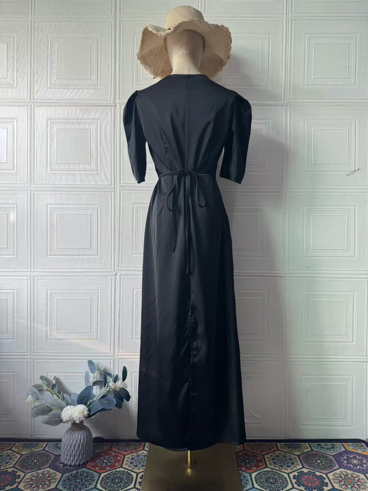 Satin maxi dress with polka dots/solid and lace design - ZIVA