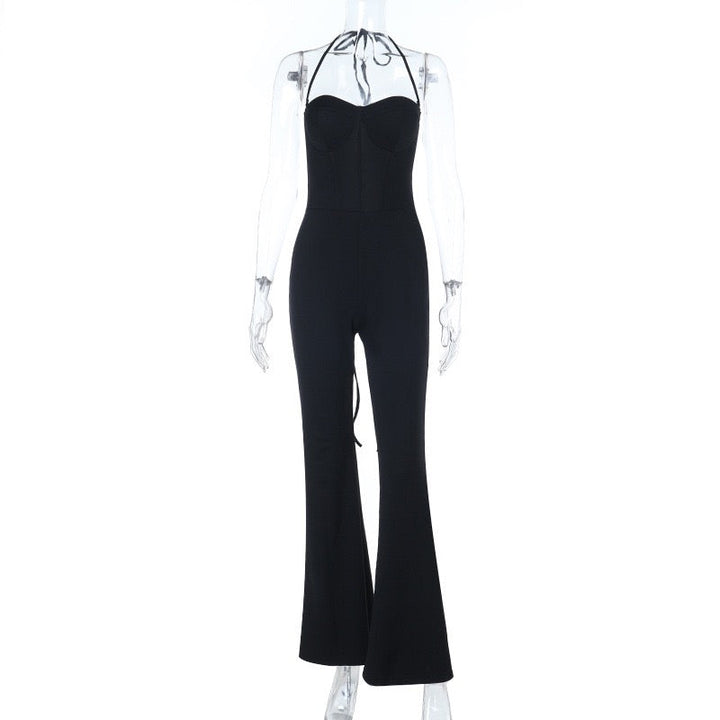Mik long jumpsuit in shaping fabric with an open back, back tie, and waist-cinching fit