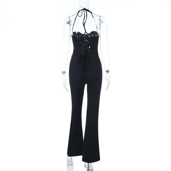 Mik long jumpsuit in shaping fabric with an open back, back tie, and waist-cinching fit