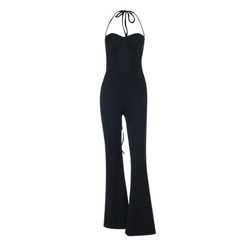 Mik long jumpsuit in shaping fabric with an open back, back tie, and waist-cinching fit