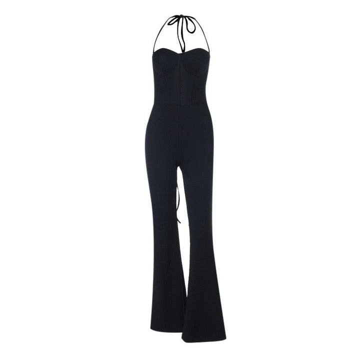 Mik long jumpsuit in shaping fabric with an open back, back tie, and waist-cinching fit