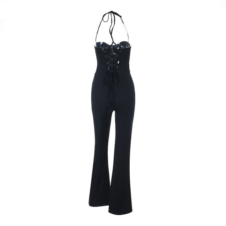 Mik long jumpsuit in shaping fabric with an open back, back tie, and waist-cinching fit
