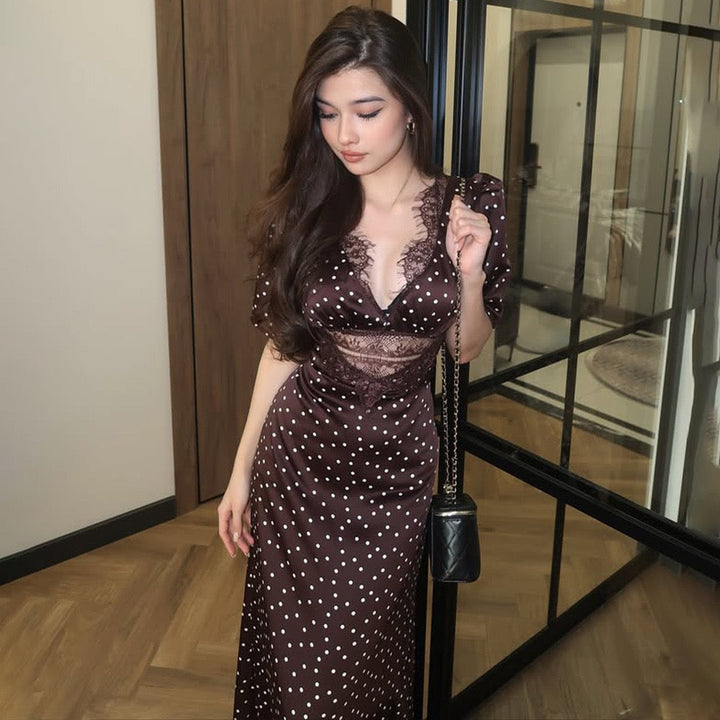 Satin maxi dress with polka dots/solid and lace design - ZIVA