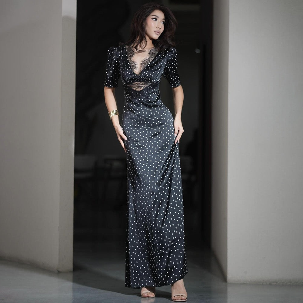 Satin maxi dress with polka dots/solid and lace design - ZIVA