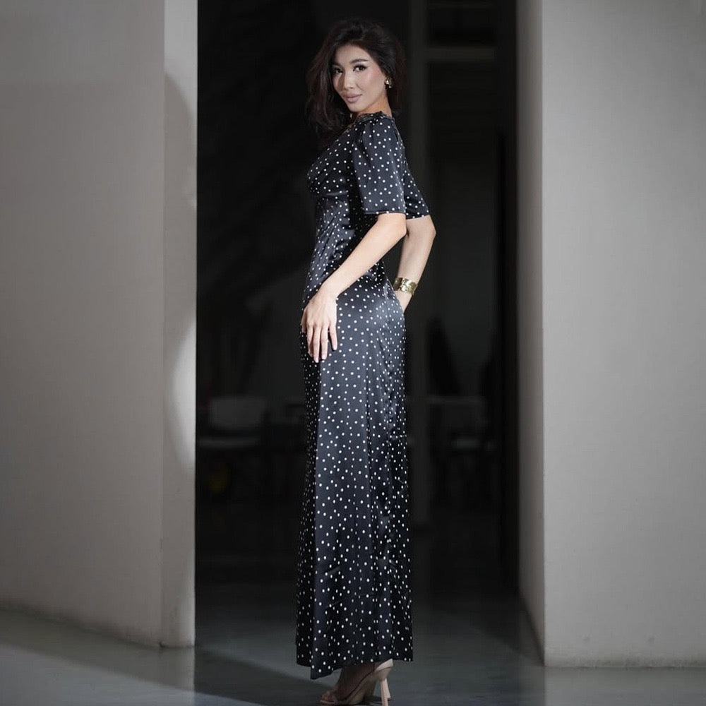 Satin maxi dress with polka dots/solid and lace design - ZIVA