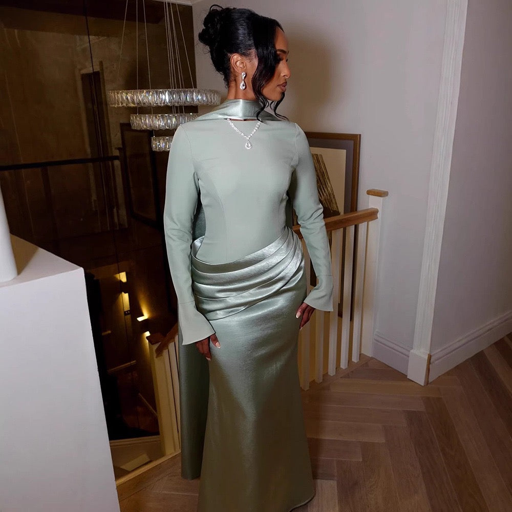 Nora satin and pleated maxi dress with a matching scarf