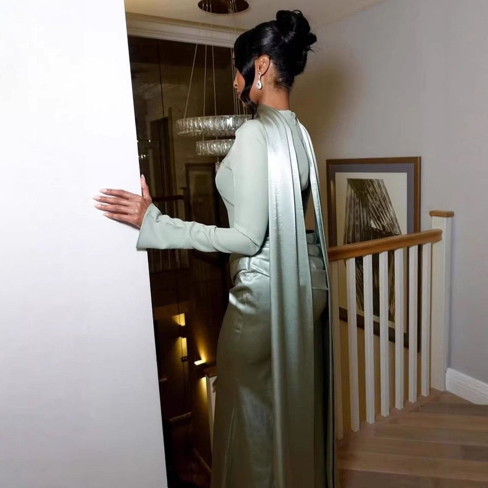 Nora satin and pleated maxi dress with a matching scarf