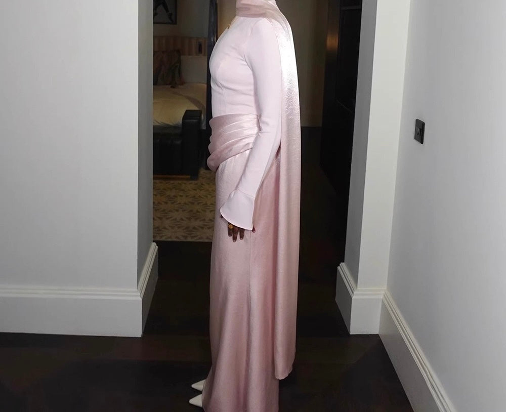Nora satin and pleated maxi dress with a matching scarf
