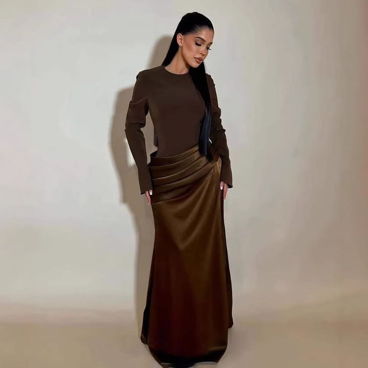 Nora satin and pleated maxi dress with a matching scarf