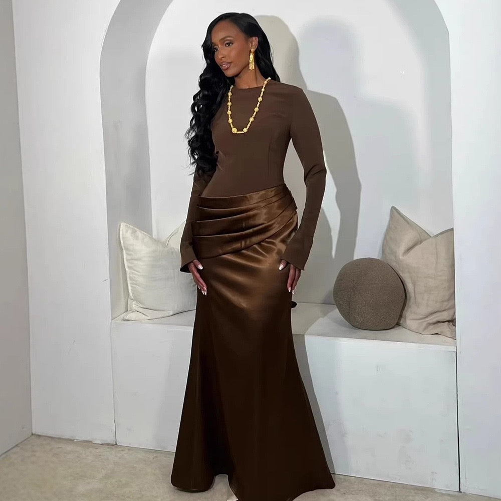Nora satin and pleated maxi dress with a matching scarf