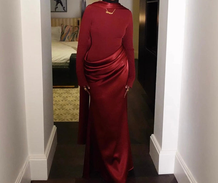 Nora satin and pleated maxi dress with a matching scarf