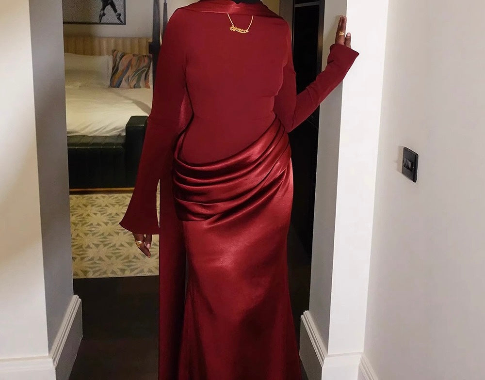 Nora satin and pleated maxi dress with a matching scarf